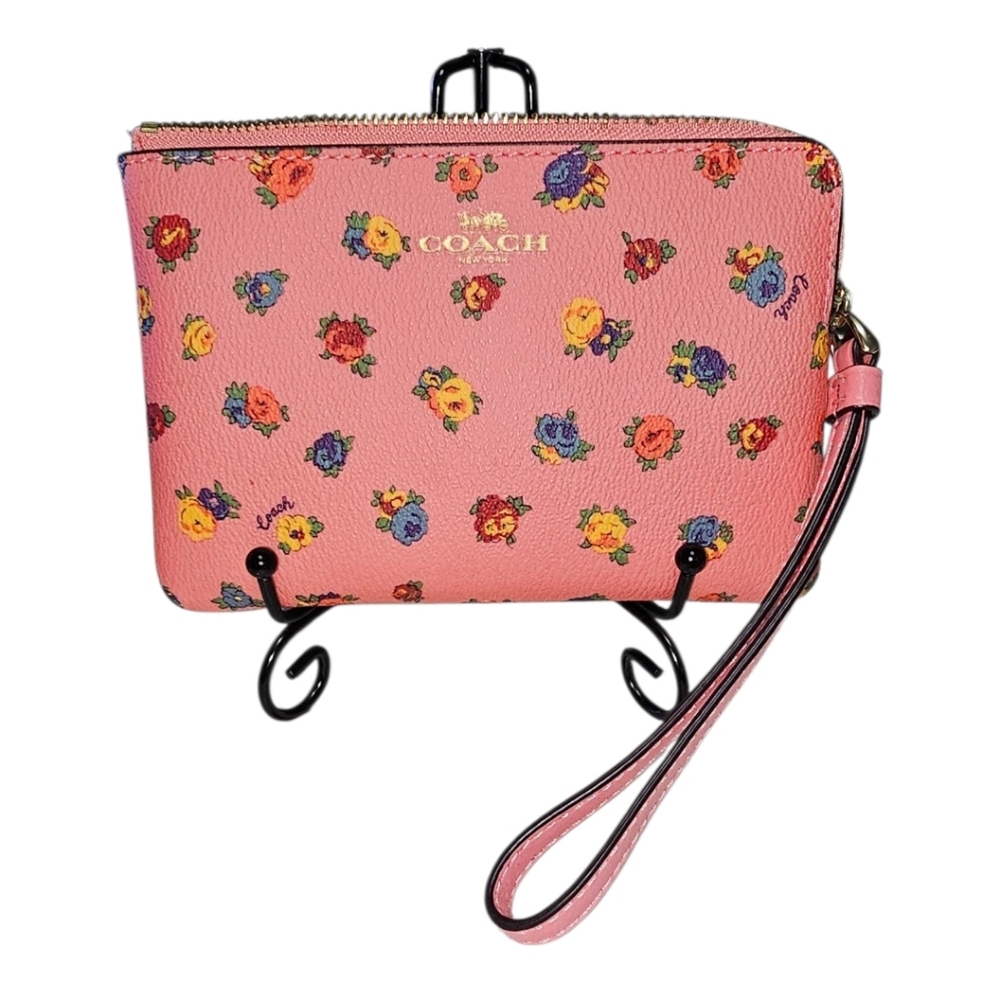 COACH Canvas Vintage Pink Lemonade Floral Half Corner Mini Wristlet. W Dust Bag